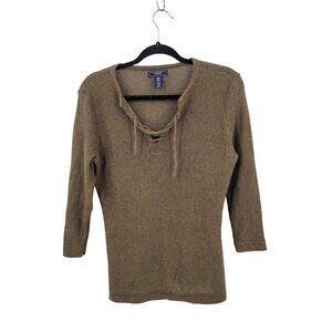 Vtg Chaps Denim Womens Army Green Open Knit Sweater Sz M Tie Neck Casual Grunge